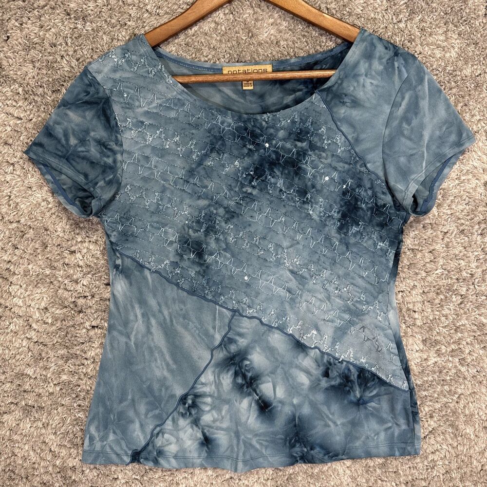 Vintage 90s Y2K Notations Top Tie Dye Patchwork Blue Stretch Medium